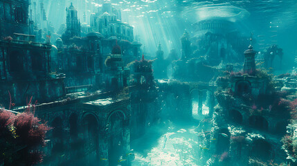 Wall Mural - Fantasy Underwater Seascape with lost city 