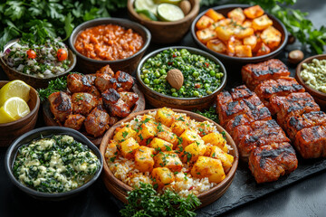 A delicious spread of Middle Eastern food, including grilled meat, rice, and various dips.