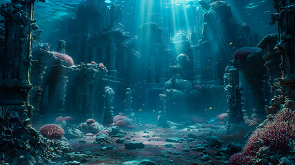 Wall Mural - Fantasy Underwater Seascape with lost city 