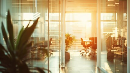 Sticker - photo of an empty cozy comfortable working space in brightly lit open space office, glass walls, white and brown, soft bright light, AI Generative