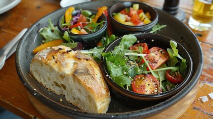 A plate of food, including bread, salad, and tomatoes.