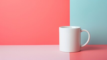 Sticker - A plain white mug on a pink and blue background.