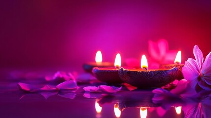 Diwali diya oil lamps with flowers holiday background. Creating a festive and decorative composition.