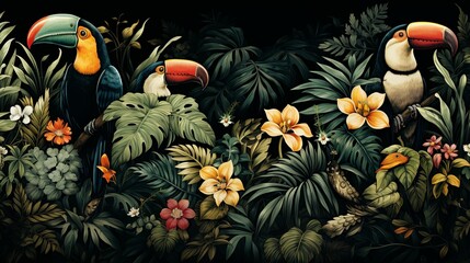 Poster - Tropical Toucans Amidst Lush Foliage and Vibrant Flowers