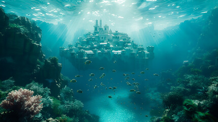 Wall Mural -  Fantasy Underwater Seascape with lost city 