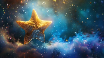 Wall Mural - A golden star against a blue, starry sky with clouds.