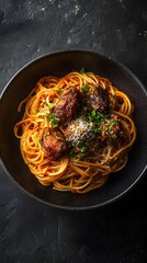 Wall Mural - Spaghetti with Meatballs, Tomato Sauce, Parmesan Cheese and Parsley in a Black Bowl