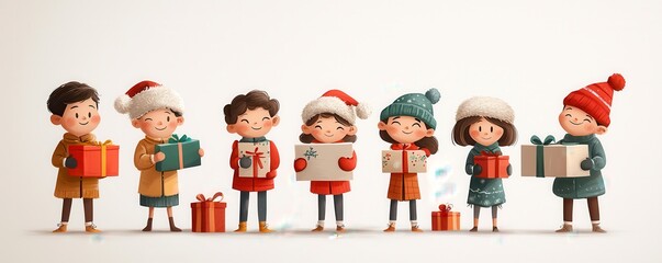 A cheerful group of children celebrating Christmas with gifts and festive attire, spread joy and holiday spirit.