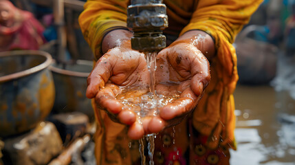 Hands of a poor child under a water tap