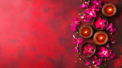 Diwali diya oil lamps with flowers holiday background. Creating a festive and decorative composition.