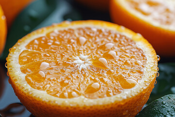 Close-up of a juicy orange slice with water droplets.