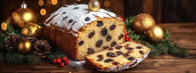 Wall Mural - A rustic wooden table, Christmas decorations like golden baubles and pine branches, a dusting of powdered sugar on a traditional Italian panettone cake sliced open to reveal its dotted dried fruit int