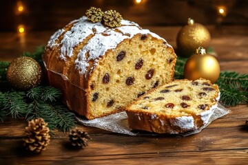 Wall Mural - A rustic wooden table, Christmas decorations like golden baubles and pine branches, a dusting of powdered sugar on a traditional Italian panettone cake sliced open to reveal its dotted dried fruit int