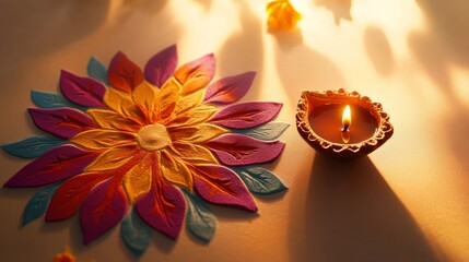 Diwali diya oil lamps with beautiful bright Indian pattern of colors holiday background. Creating a festive and decorative composition.