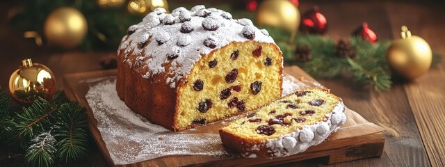 Wall Mural - A rustic wooden table, Christmas decorations like golden baubles and pine branches, a dusting of powdered sugar on a traditional Italian panettone cake sliced open to reveal its dotted dried fruit int