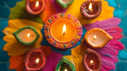 Diwali diya oil lamps with flowers holiday background. Creating a festive and decorative composition.