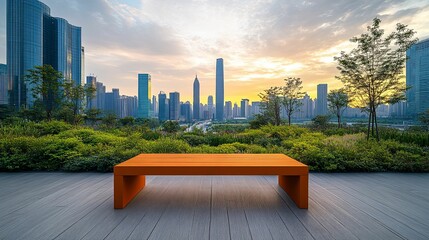 Wall Mural - Orange Bench Facing City Skyline at Sunset