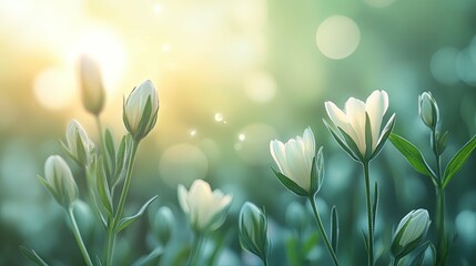 Poster - White Flowers Blooming in Sunlight with Green Foliage