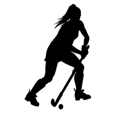 Poster - a female field hockey player in action. She is in the middle of a shot, with her body slightly bent forward and her head tilted back