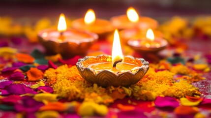 Diwali diya oil lamps with flowers holiday background. Creating a festive and decorative composition.