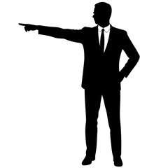 Poster - a business man stand with a hand expression of pointing of front direction, vector silhouette, isolated white background 