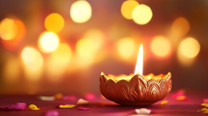 Diwali diya oil lamps with flowers holiday background. Creating a festive and decorative composition.