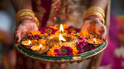 Diwali diya oil lamps with flowers holiday background. Creating a festive and decorative composition.