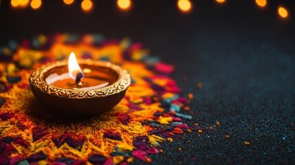 Diwali diya oil lamps with flowers holiday background. Creating a festive and decorative composition.