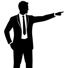 Canvas Print - a business man stand with a hand expression of pointing of front direction, vector silhouette, isolated white background 