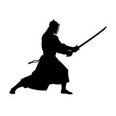 Canvas Print - a sword warrior standing in an action pose as a black color silhouette isolated on a white background