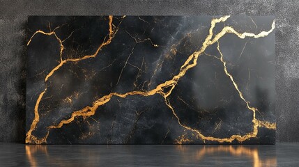 Poster - Black Marble Panel with Golden Veins and Reflections