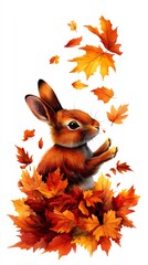 Rabbit clipart, autumn animal, watercolor illustration, sharp details, sitting in fall foliage, isolated on white background