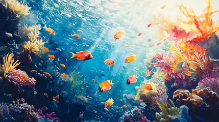 Wall Mural - Vibrant Underwater Scene with Colorful Fish and Coral Reefs