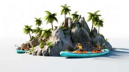 Wall Mural - Two people paddle a kayak through a tropical lagoon surrounded by lush palm trees and rocky cliffs.