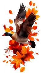 Autumn goose clipart, autumn animal, watercolor illustration, sharp details, flying over autumn lake, isolated on white background