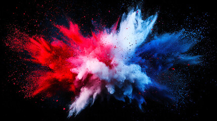 Wall Mural - a bright explosion of red, white and blue powdered holi paints. the colors are bright and the explos