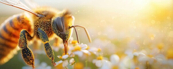 Wall Mural - Honey Bee Close Up on White Flower with Pollen.