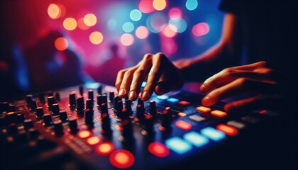 A close-up view of a DJ's hands on a professional mixing console, electronic music production equipment at a dimly lit nightclub, neon lights and colorful glows, artistic blurs and bokeh effects