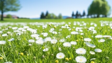 Sticker - A field of white daisies blooms in a lush green meadow.