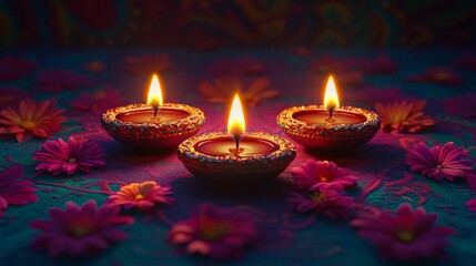 Diwali diya oil lamps with flowers holiday background. Creating a festive and decorative composition.