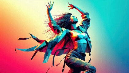 Wall Mural - a woman in a stylish outfit, dynamic pose with arms raised, colorful gradient background, digital art style, vibrant colors, low poly 3D render