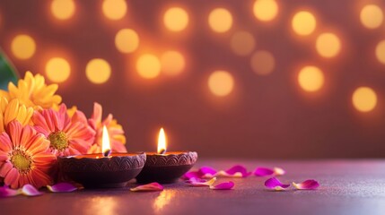 Diwali diya oil lamps with flowers holiday background. Creating a festive and decorative composition.