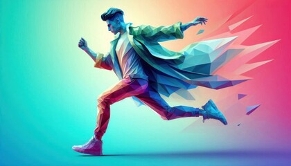 Wall Mural - a man in a stylish outfit, dynamic pose with arms raised, colorful gradient background, digital art style, vibrant colors, low poly 3D render