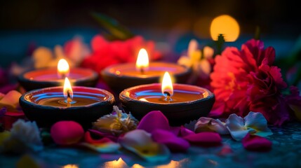 Diwali diya oil lamps with flowers holiday background. Creating a festive and decorative composition.