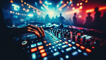 A close-up view of a DJ's hands on a professional mixing console, electronic music production equipment at a dimly lit nightclub, neon lights and colorful glows, artistic blurs and bokeh effects