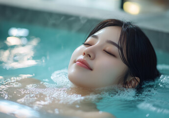 Poster - A beautiful korean woman relaxing in a hot tub at a spa, enjoying the warm water and steam for a skin care treatment with copy space.