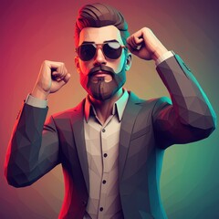 Wall Mural - a man in a stylish outfit, dynamic pose with arms raised, colorful gradient background, digital art style, vibrant colors, low poly 3D render