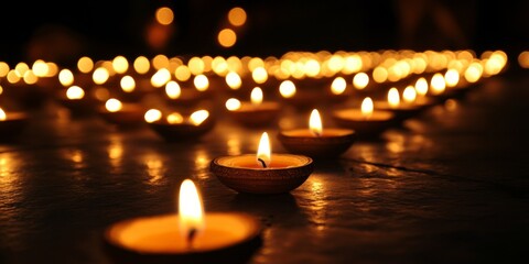 Diwali diya oil lamps with flowers holiday background. Creating a festive and decorative composition.