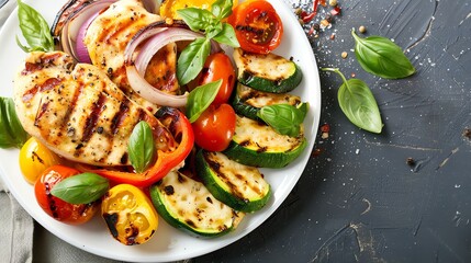 A plate of grilled chicken breast with zucchini, peppers and tomatoes.