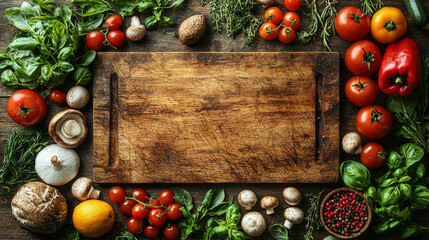 fresh ingredients ready for cooking on a rustic wooden board.